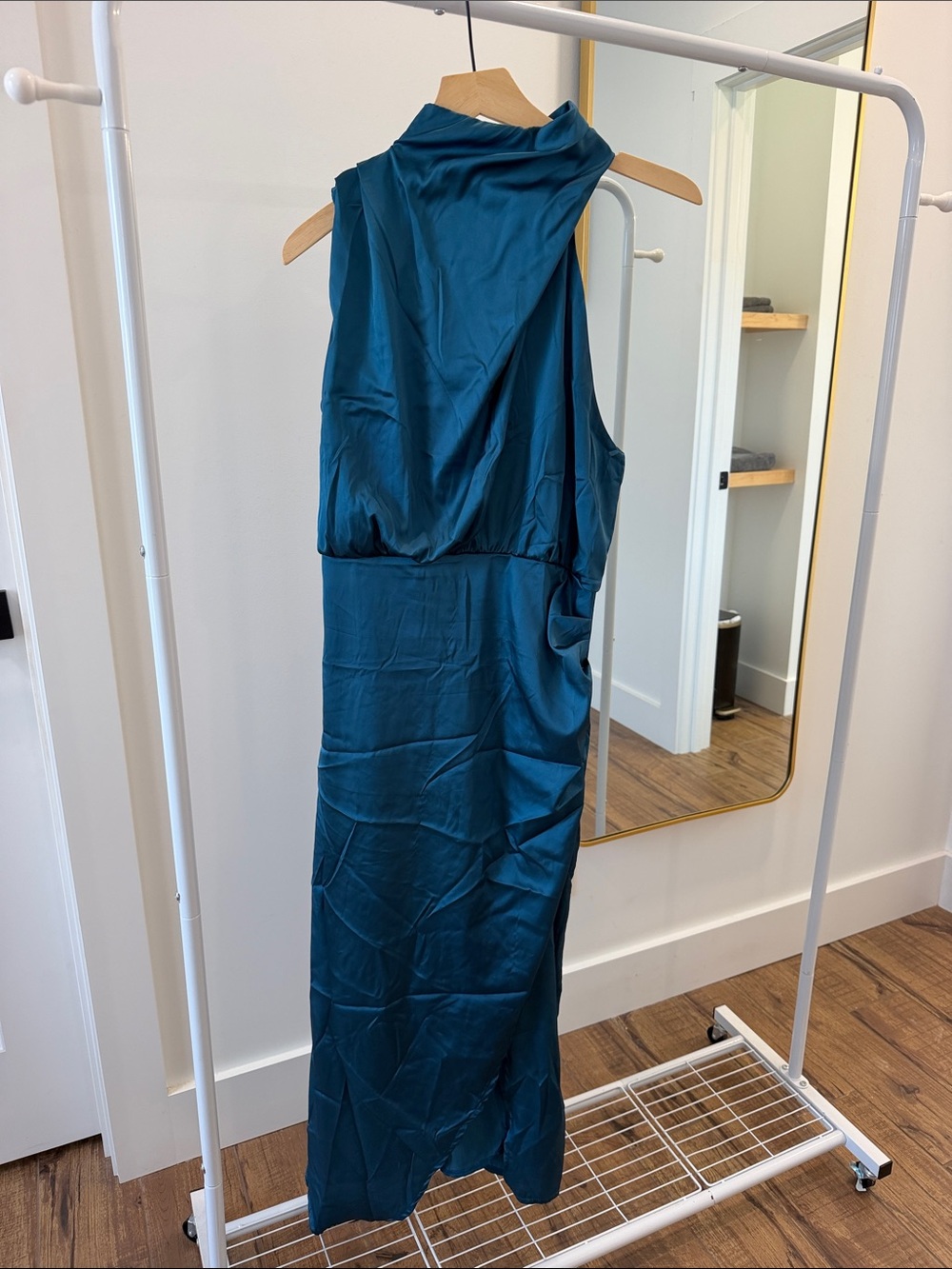 Sleeveless Teal Satin Asymmetrical Maxi Dress